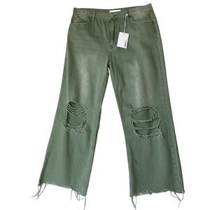 Vervet LA Distressed Cropped Wide Leg Jeans Women Size 30 Olive Green Grunge NWT
